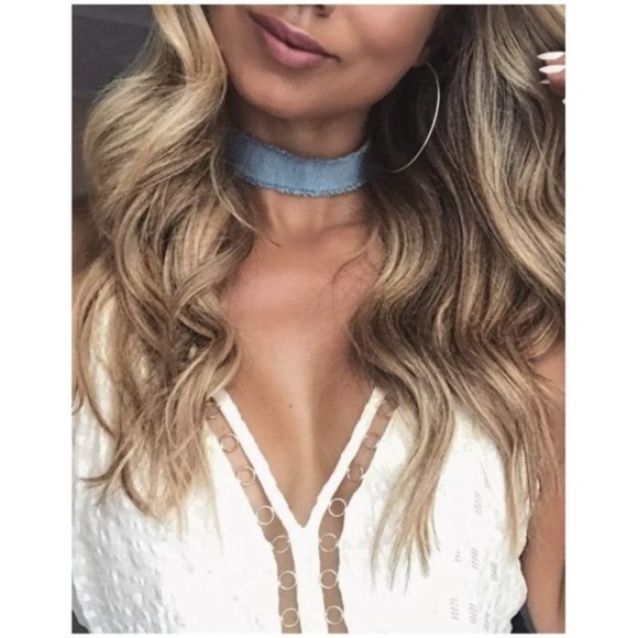 Distressed Denim Frayed Wide Choker Necklace NEW - Picture 1 of 4